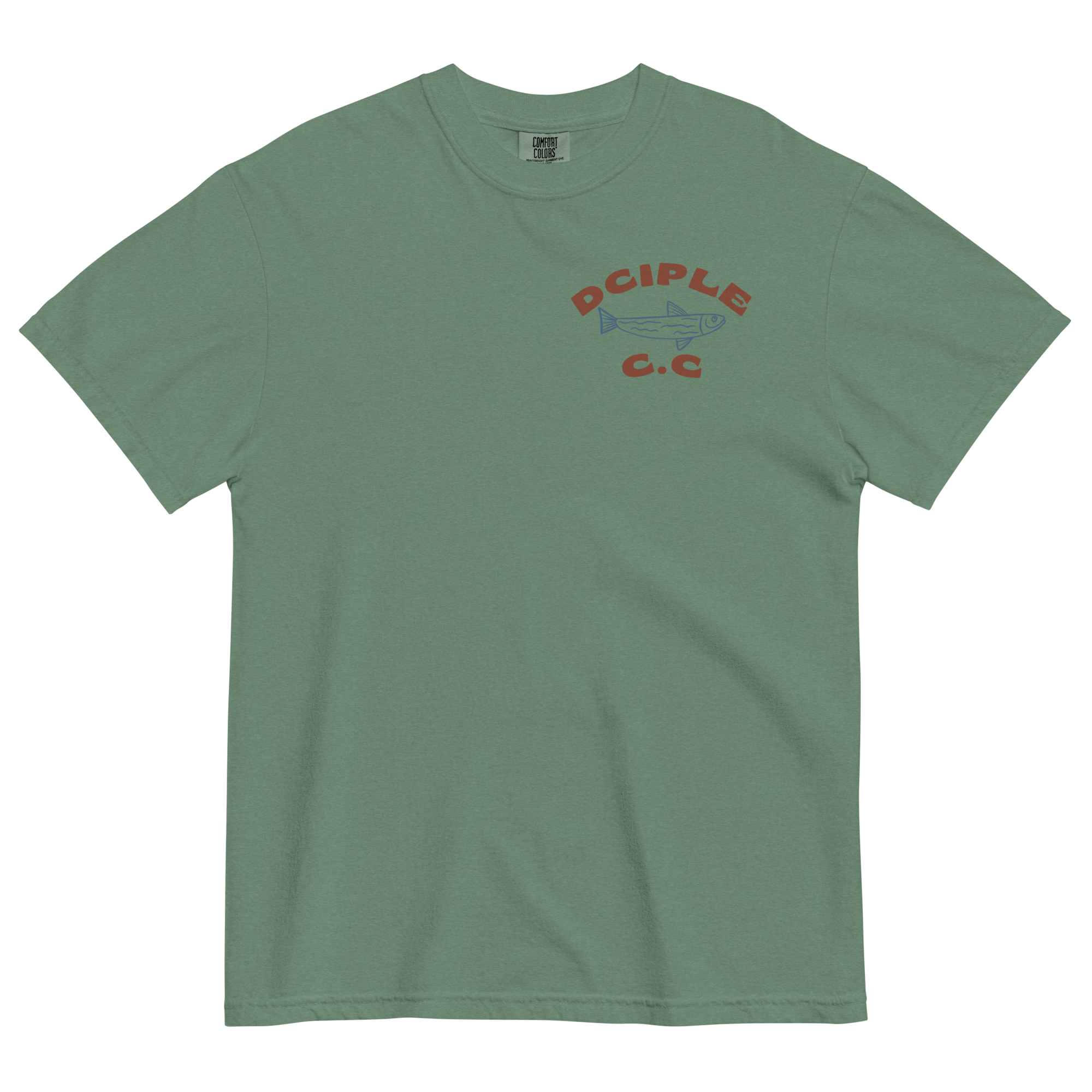 Back graphic of High Tide Division Make It A Destination T-Shirt featuring a skeleton relaxing beneath a palm tree beside an ocean wave.

Front chest logo of High Tide Division Make It A Destination T-Shirt featuring the Dciple C.C. fish emblem.