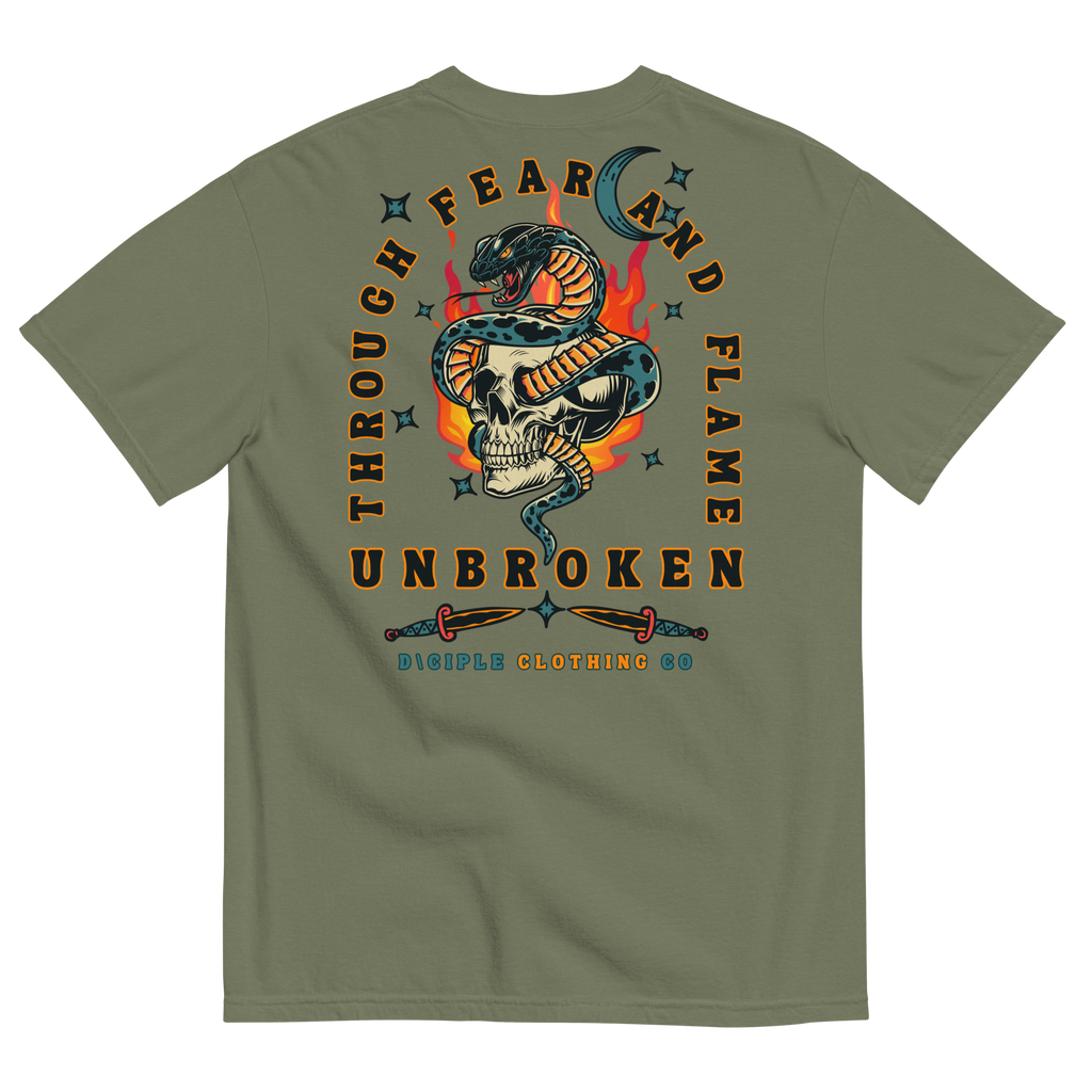 Vintage style skull and snake graphic with flames and dagger details, “Through Fear and Flame Unbroken” t-shirt by Dciple Clothing Co