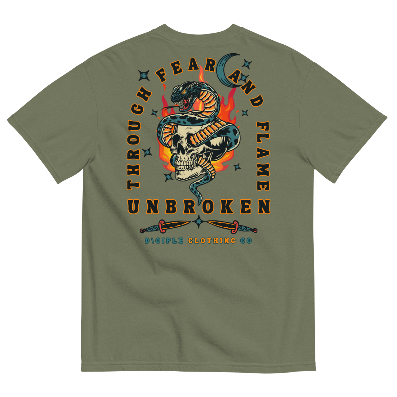 Vintage style skull and snake graphic with flames and dagger details, “Through Fear and Flame Unbroken” t-shirt by Dciple Clothing Co