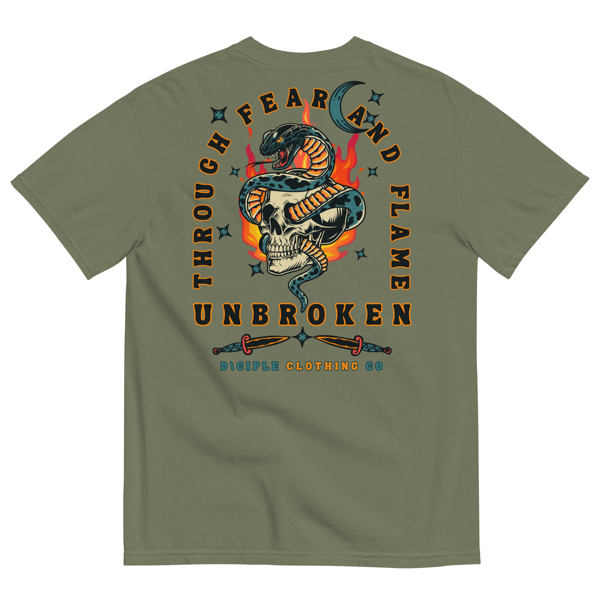 Vintage style skull and snake graphic with flames and dagger details, “Through Fear and Flame Unbroken” t-shirt by Dciple Clothing Co