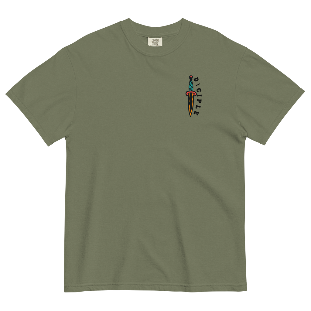 Vintage style skull and snake graphic with flames and dagger details, “Through Fear and Flame Unbroken” t-shirt by Dciple Clothing Co