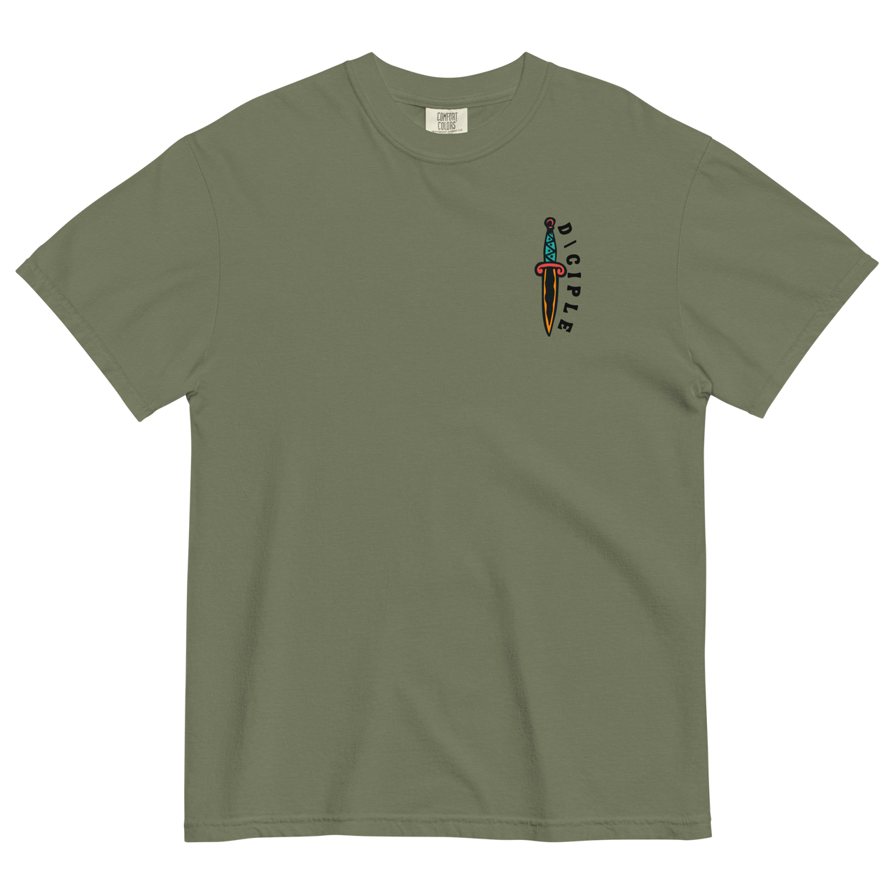 Vintage style skull and snake graphic with flames and dagger details, “Through Fear and Flame Unbroken” t-shirt by Dciple Clothing Co