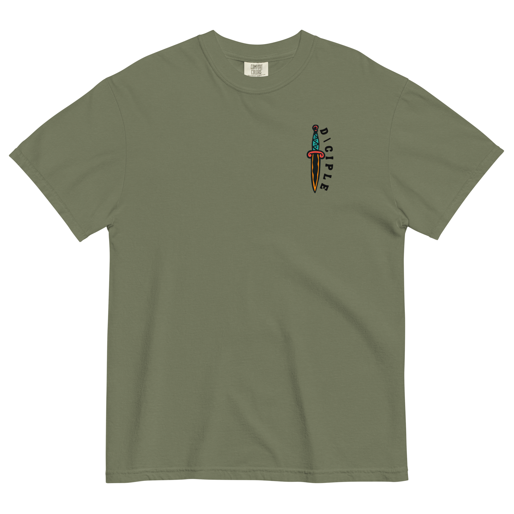 Vintage style skull and snake graphic with flames and dagger details, “Through Fear and Flame Unbroken” t-shirt by Dciple Clothing Co