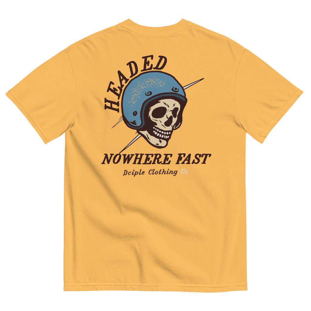 Headed Nowhere Fast vintage motorcycle skull graphic on a Comfort Colors T-shirt by Dciple Clothing Co