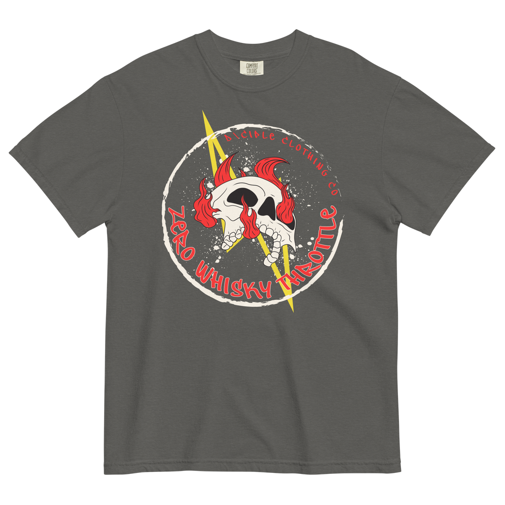 Zero Whisky Throttle T-Shirt by D\CIPLE Clothing Co featuring flaming skull and lightning bolt graphic on grey shirt