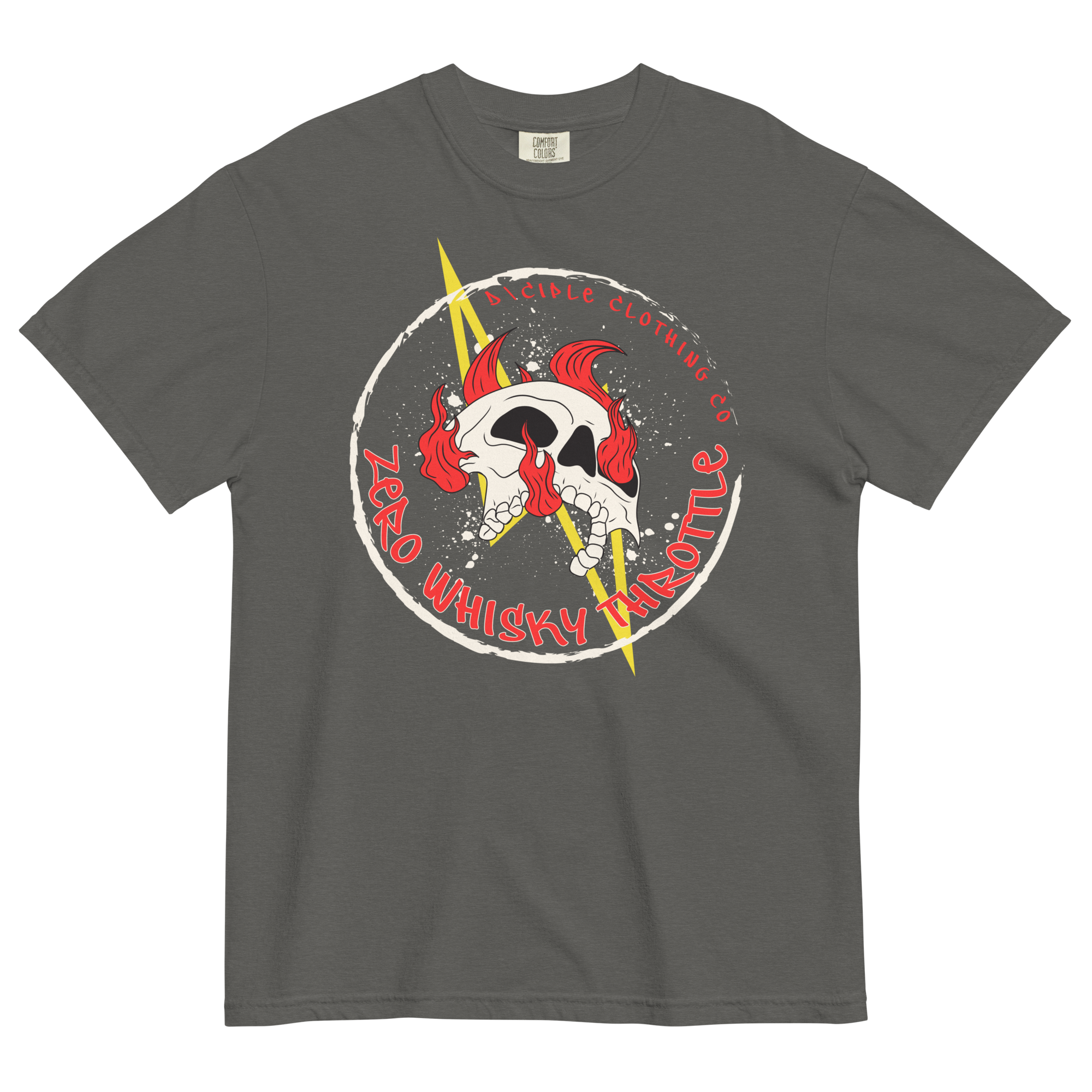 Zero Whisky Throttle T-Shirt by D\CIPLE Clothing Co featuring flaming skull and lightning bolt graphic on grey shirt