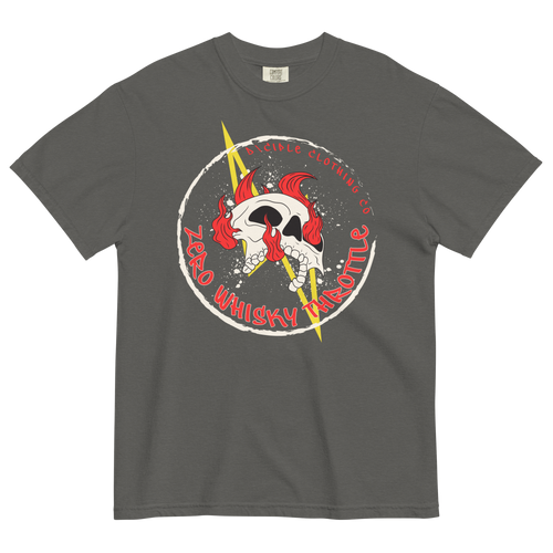 Zero Whisky Throttle T-Shirt by D\CIPLE Clothing Co featuring flaming skull and lightning bolt graphic on grey shirt