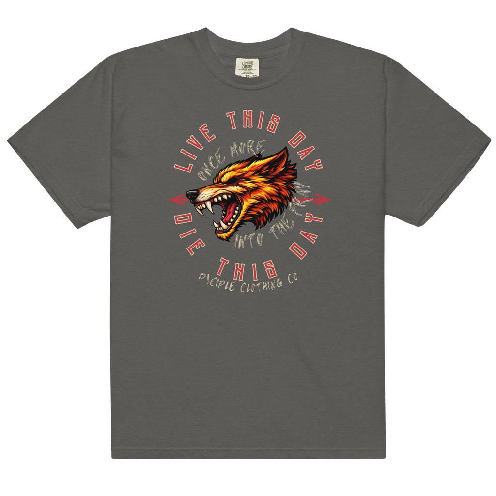 Vintage wolf graphic t-shirt with distressed Live This Day Die This Day typography on charcoal garment dyed tee by Dciple Clothing Co