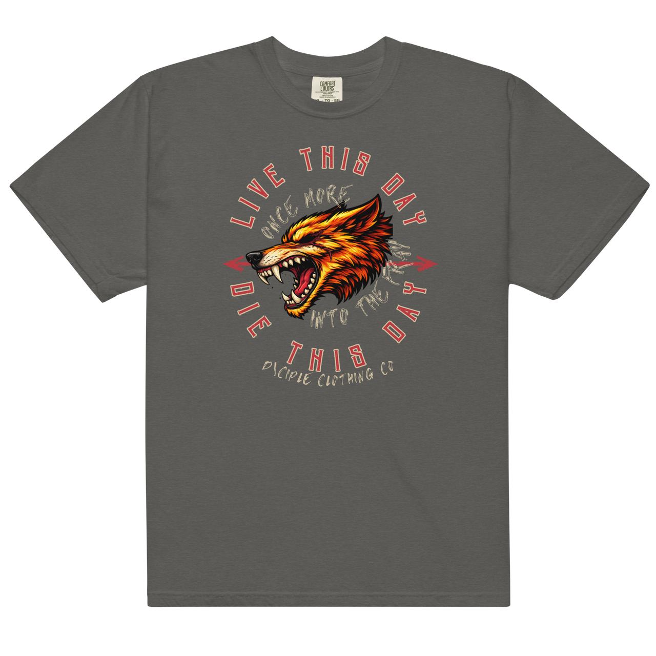 Vintage wolf graphic t-shirt with distressed Live This Day Die This Day typography on charcoal garment dyed tee by Dciple Clothing Co