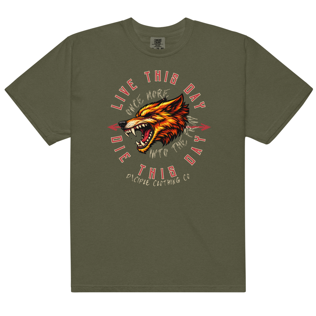 Vintage wolf graphic t-shirt with distressed Live This Day Die This Day typography on green garment dyed tee by Dciple Clothing Co