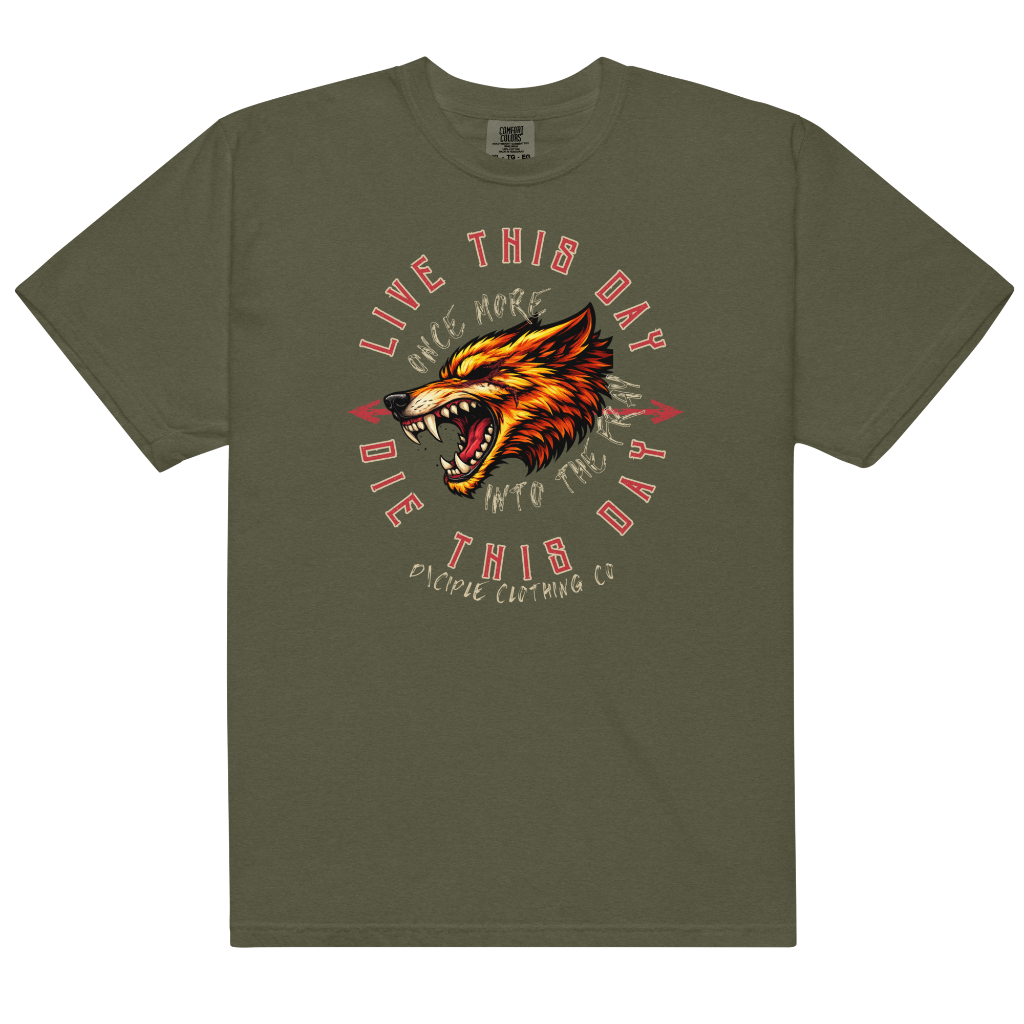 Vintage wolf graphic t-shirt with distressed Live This Day Die This Day typography on green garment dyed tee by Dciple Clothing Co