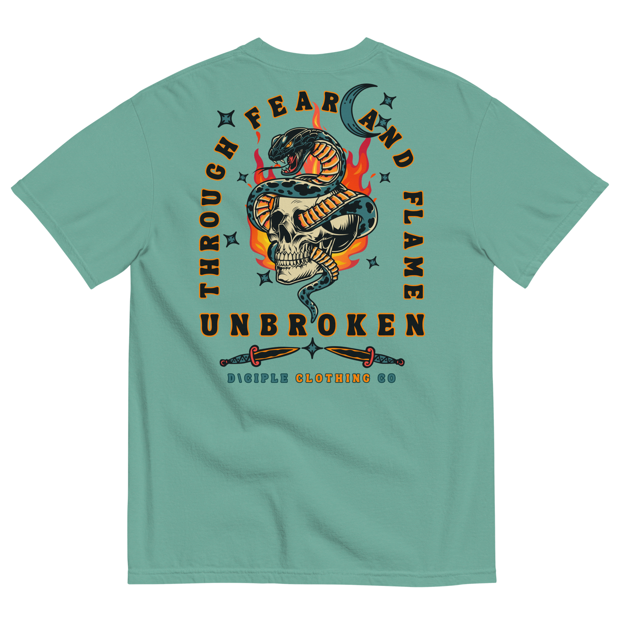 Vintage style skull and snake graphic with flames and dagger details, “Through Fear and Flame Unbroken” t-shirt by Dciple Clothing Co