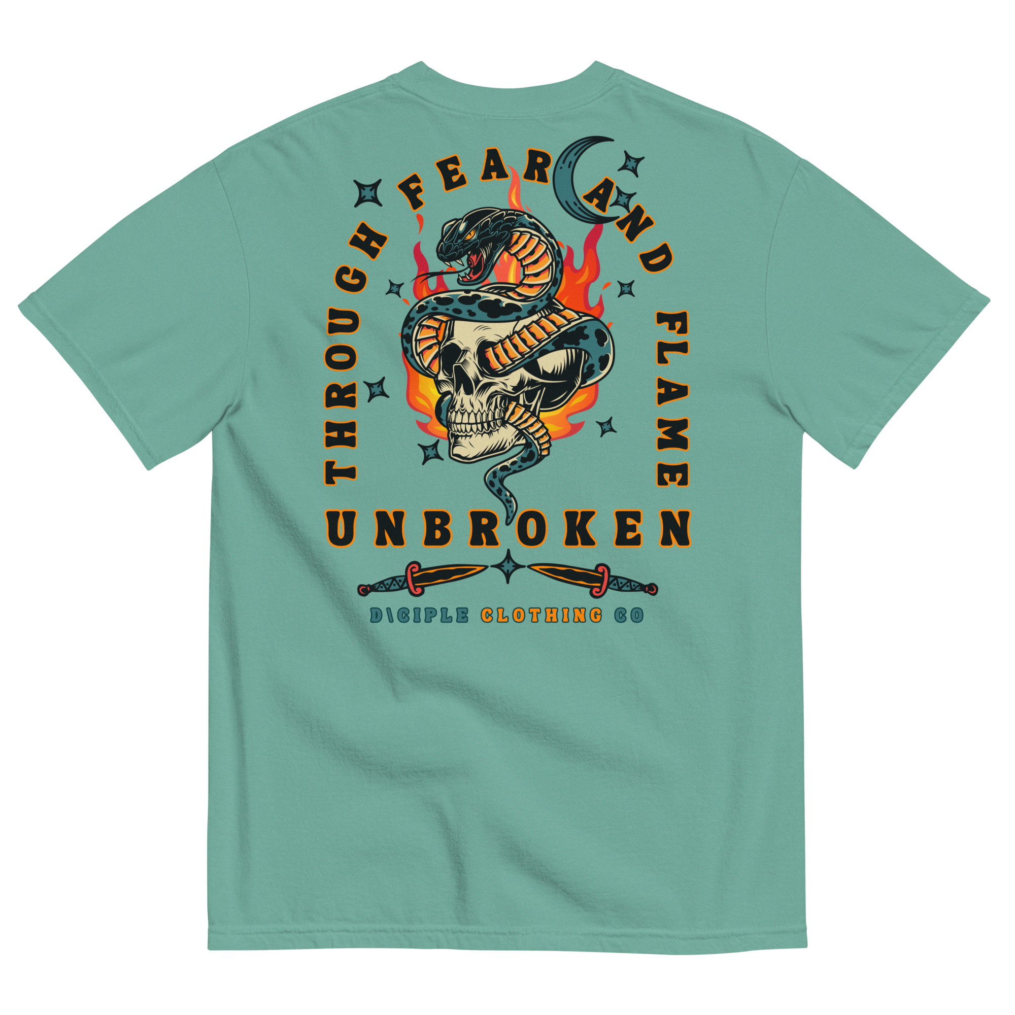 Vintage style skull and snake graphic with flames and dagger details, “Through Fear and Flame Unbroken” t-shirt by Dciple Clothing Co