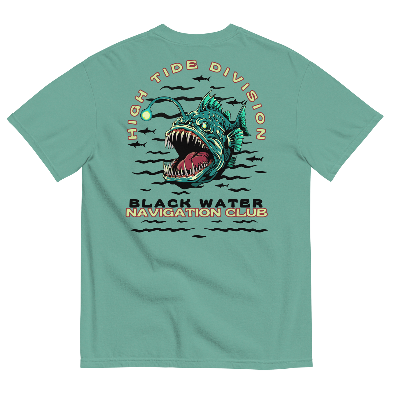 Black Water Navigation Club High Tide Division angler fish graphic t-shirt by Dciple Clothing Co featuring hidden shark silhouettes and a premium Comfort Colors garment-dyed design.