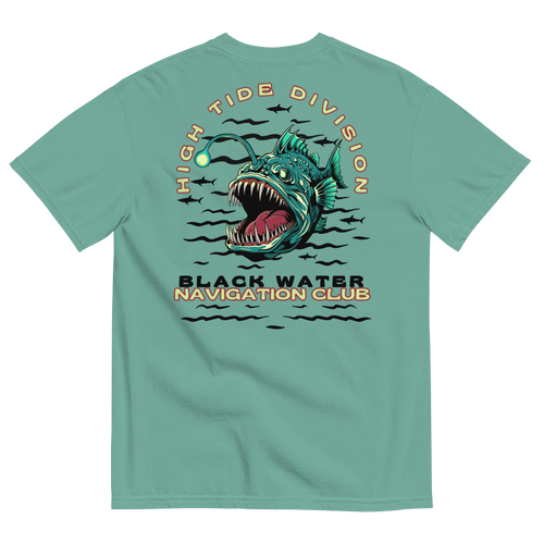 Black Water Navigation Club High Tide Division angler fish graphic t-shirt by Dciple Clothing Co featuring hidden shark silhouettes and a premium Comfort Colors garment-dyed design.