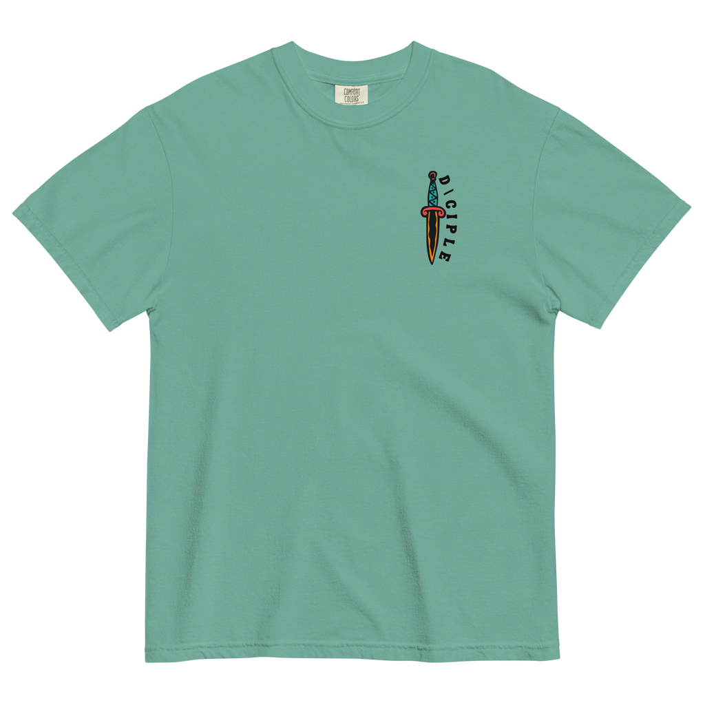 Vintage style skull and snake graphic with flames and dagger details, “Through Fear and Flame Unbroken” t-shirt by Dciple Clothing Co