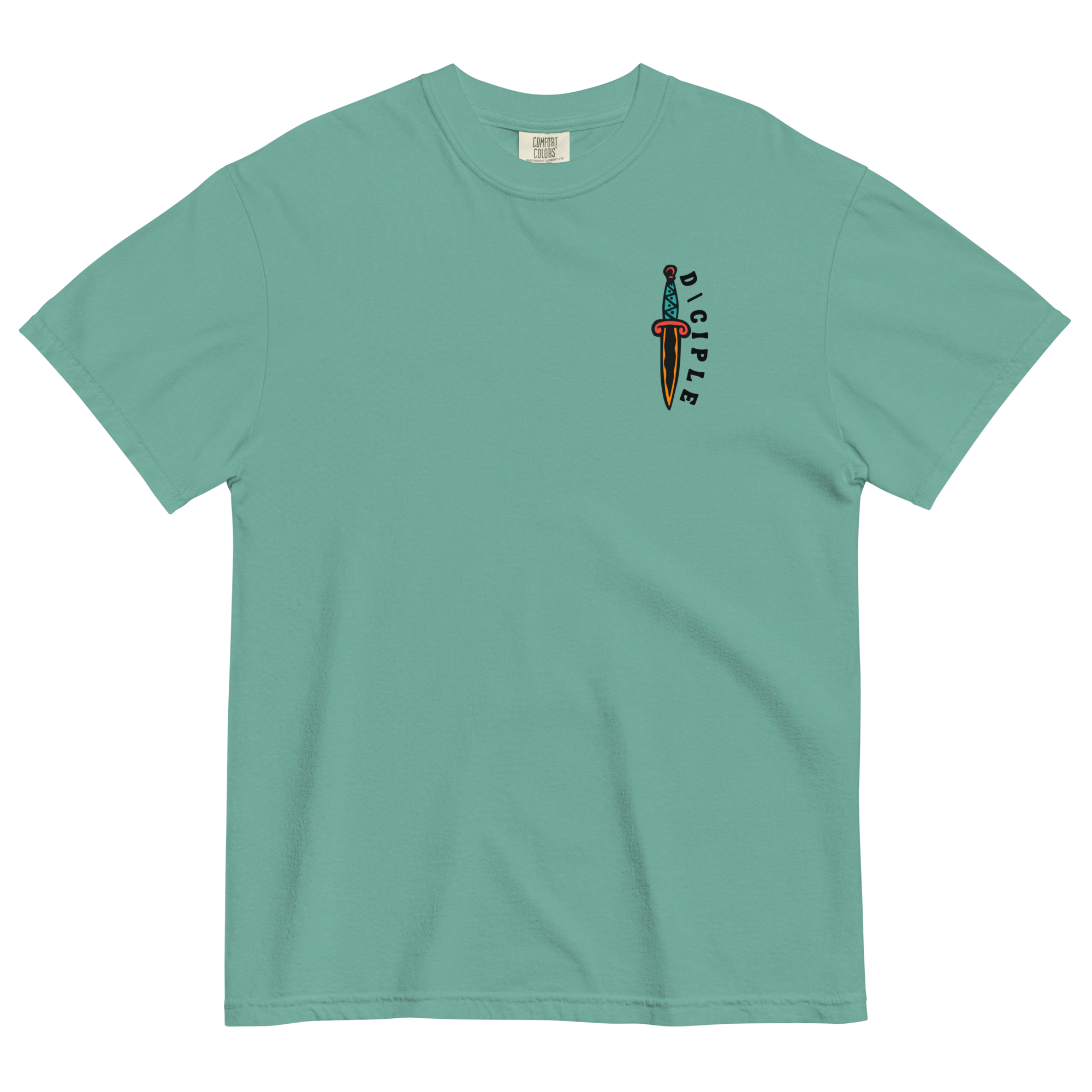 Vintage style skull and snake graphic with flames and dagger details, “Through Fear and Flame Unbroken” t-shirt by Dciple Clothing Co