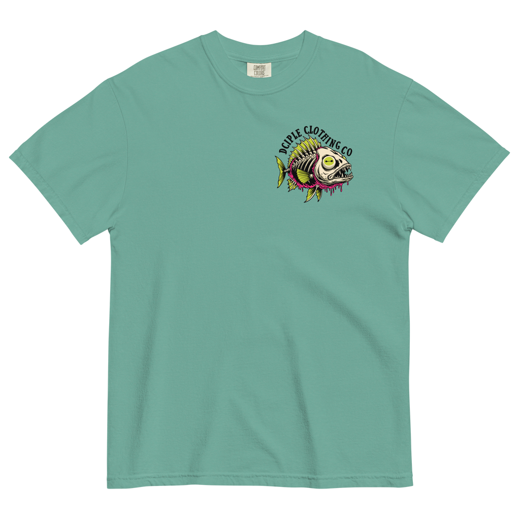 Dead In The Water High Tide Division graphic T-shirt by Dciple Clothing Co featuring skeleton fish artwork and Make It A Destination slogan.
