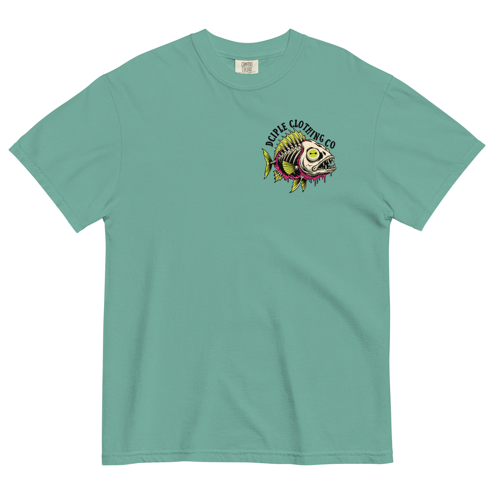 Dead In The Water High Tide Division graphic T-shirt by Dciple Clothing Co featuring skeleton fish artwork and Make It A Destination slogan.