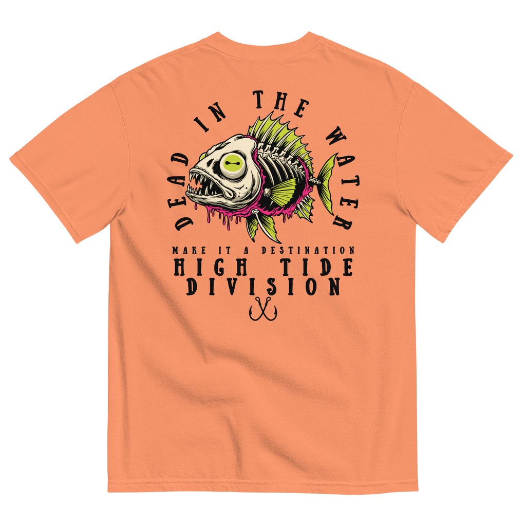 Dead In The Water High Tide Division graphic T-shirt by Dciple Clothing Co featuring skeleton fish artwork and Make It A Destination slogan.