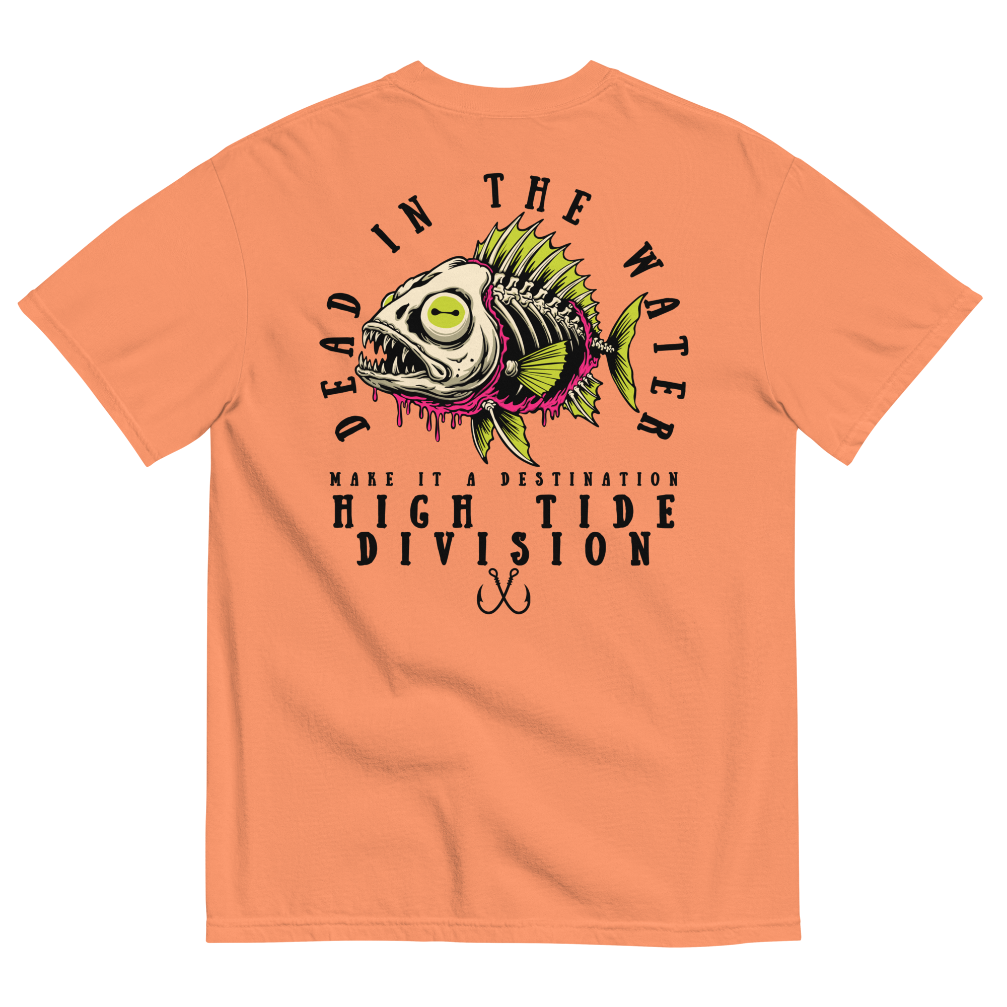 Dead In The Water High Tide Division graphic T-shirt by Dciple Clothing Co featuring skeleton fish artwork and Make It A Destination slogan.