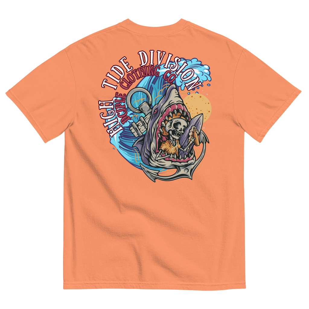 High Tide Division Shark Rider graphic T-shirt with shark, surfer, wave and hook artwork