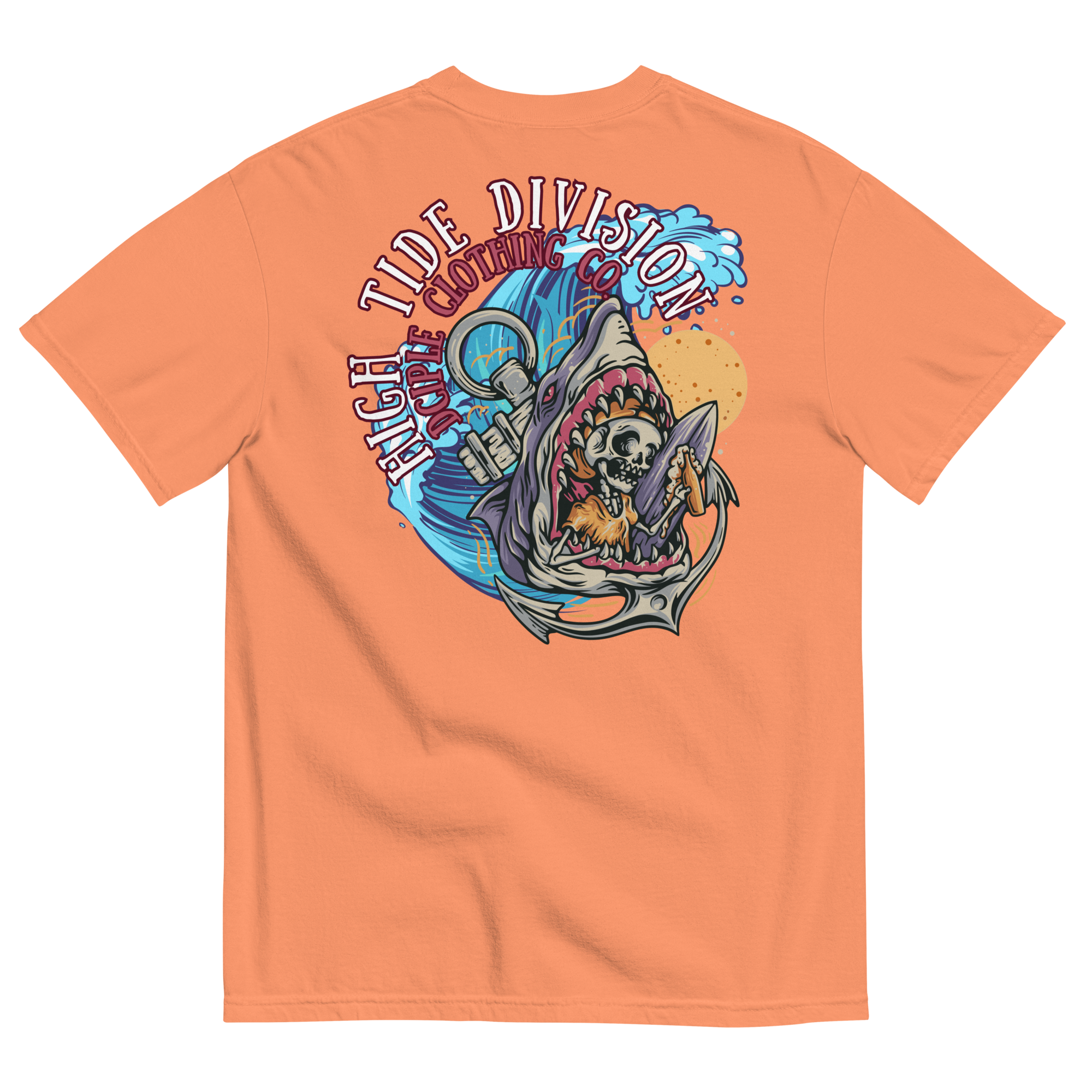 High Tide Division Shark Rider graphic T-shirt with shark, surfer, wave and hook artwork