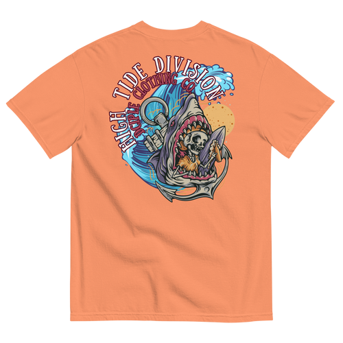 High Tide Division Shark Rider graphic T-shirt with shark, surfer, wave and hook artwork