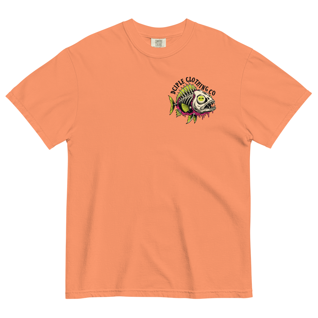 Dead In The Water High Tide Division graphic T-shirt by Dciple Clothing Co featuring skeleton fish artwork and Make It A Destination slogan.