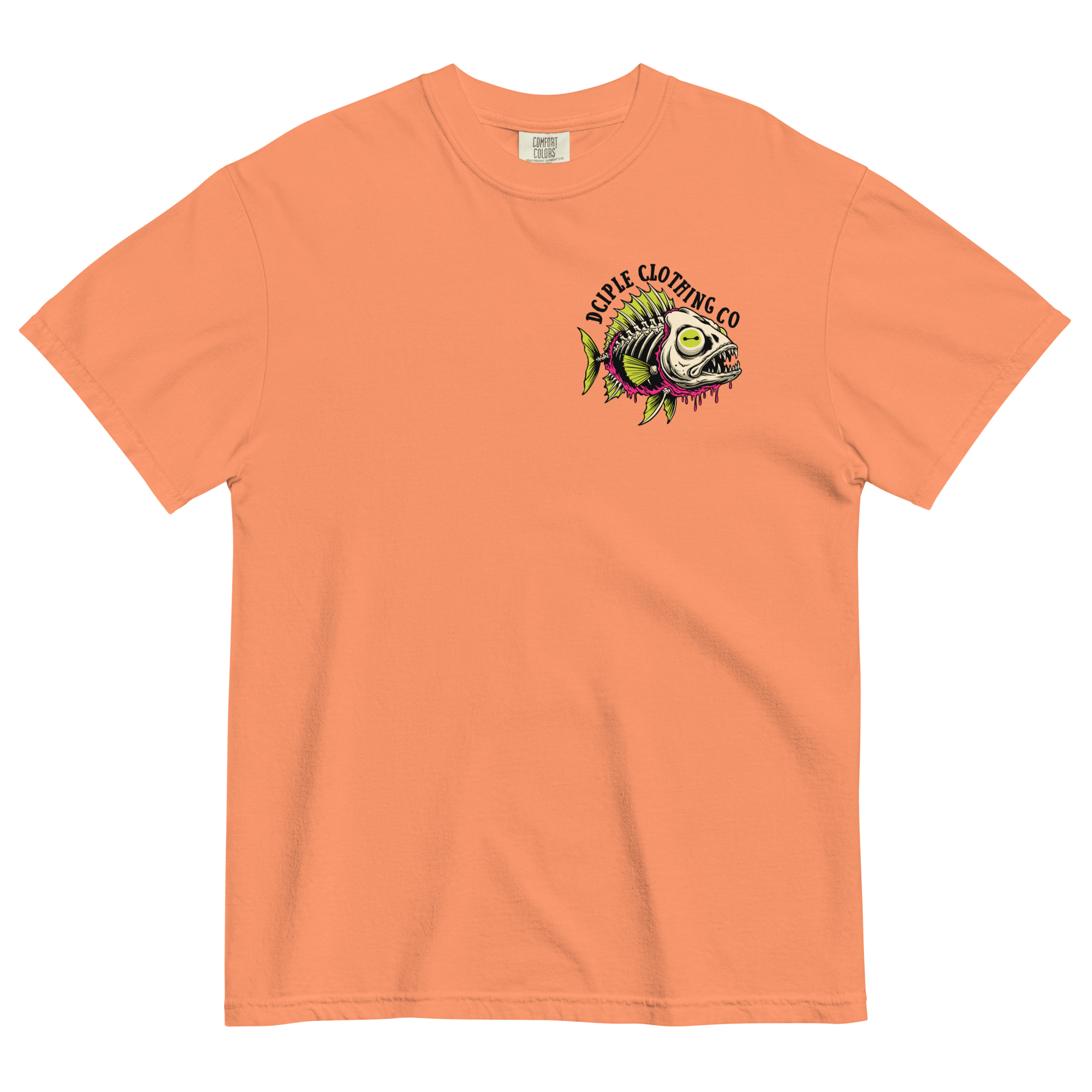 Dead In The Water High Tide Division graphic T-shirt by Dciple Clothing Co featuring skeleton fish artwork and Make It A Destination slogan.
