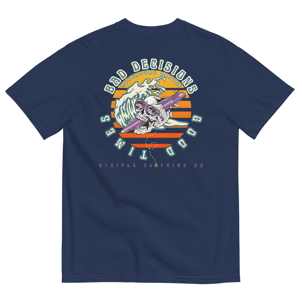 skull and surfboard bad times god decisions logo back print 