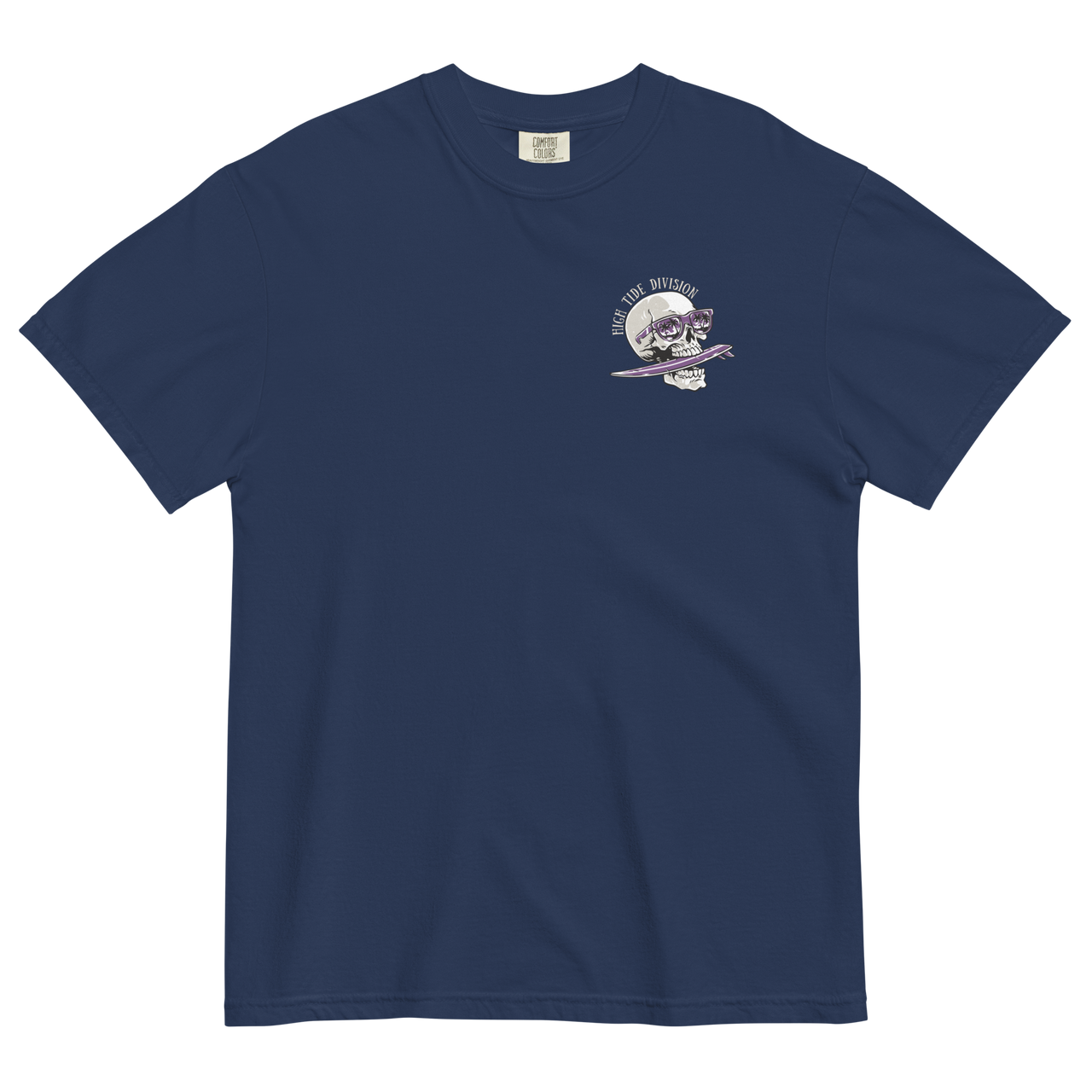Skull and surfboard high tide division chest logo