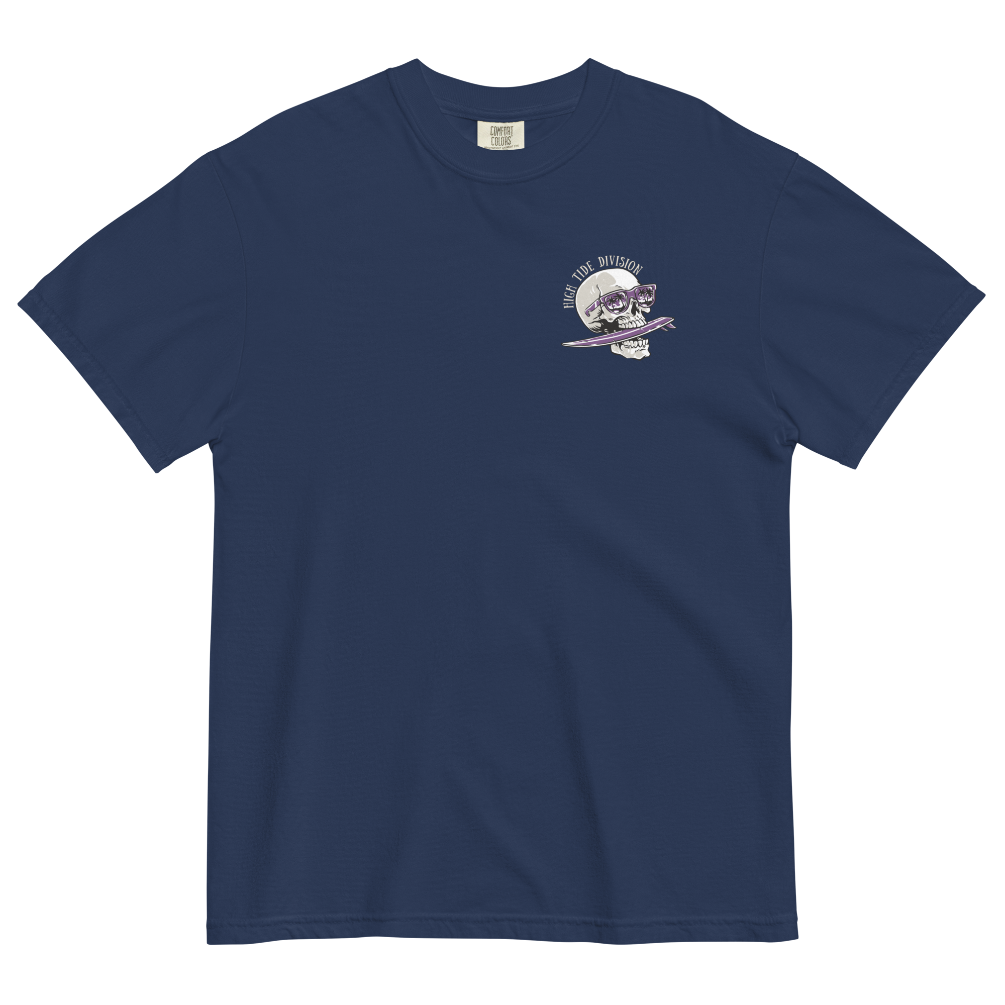 Skull and surfboard high tide division chest logo