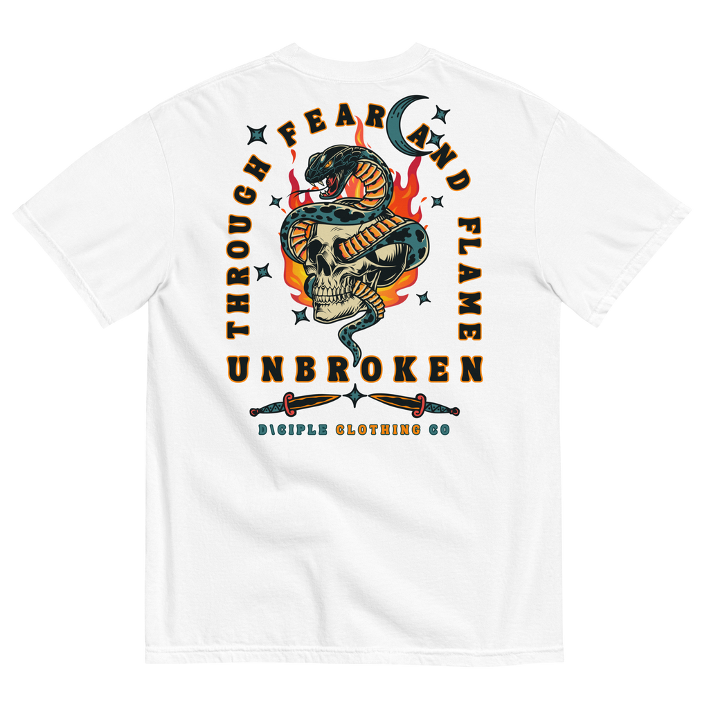 Vintage style skull and snake graphic with flames and dagger details, “Through Fear and Flame Unbroken” t-shirt by Dciple Clothing Co