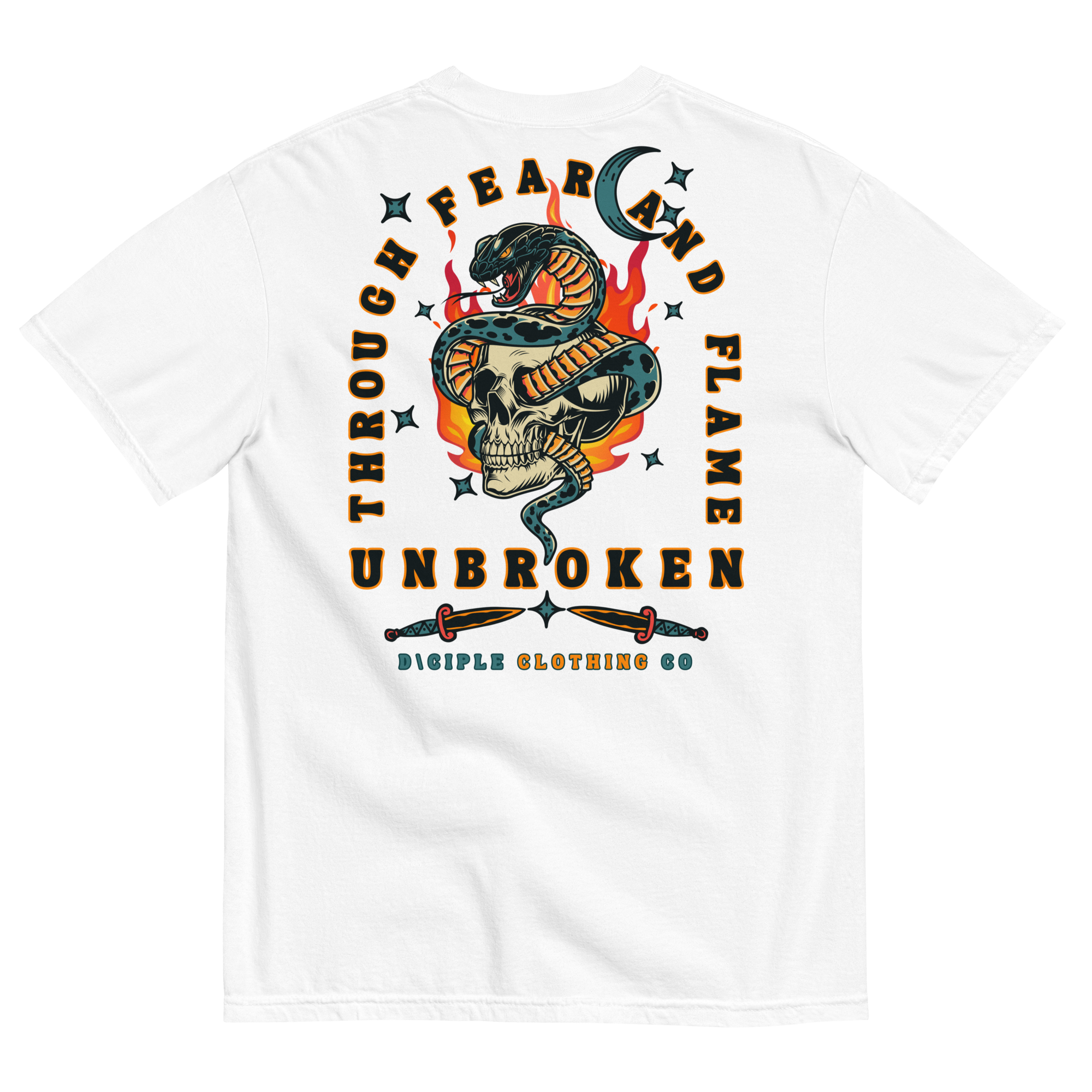 Vintage style skull and snake graphic with flames and dagger details, “Through Fear and Flame Unbroken” t-shirt by Dciple Clothing Co
