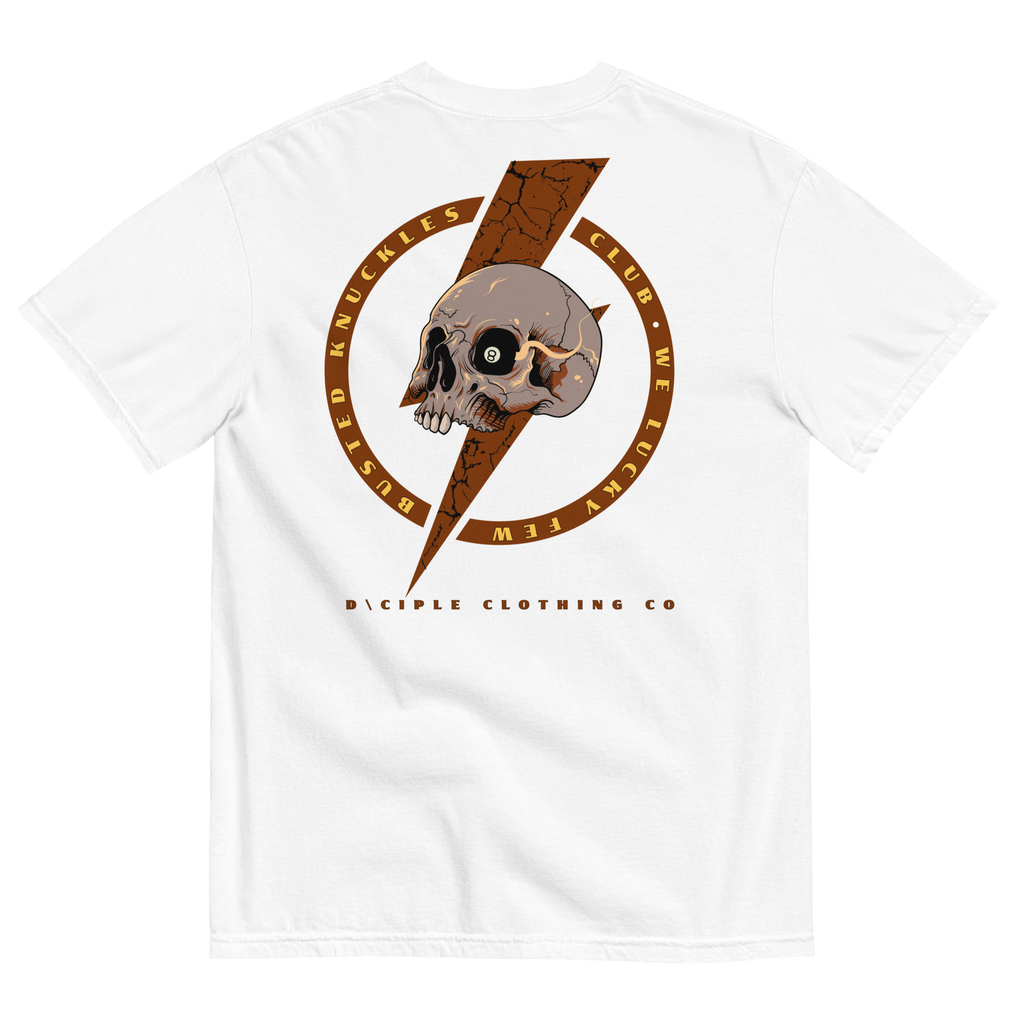 Busted Knuckles Club skull and lightning bolt graphic t-shirt by Dciple Clothing Co on white color shirt