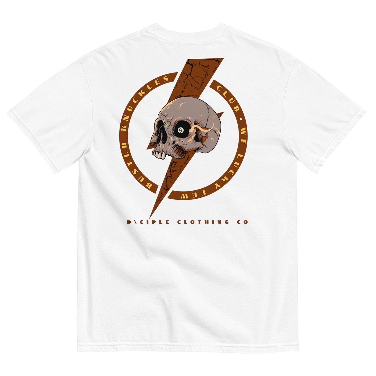 Busted Knuckles Club skull and lightning bolt graphic t-shirt by Dciple Clothing Co on white color shirt