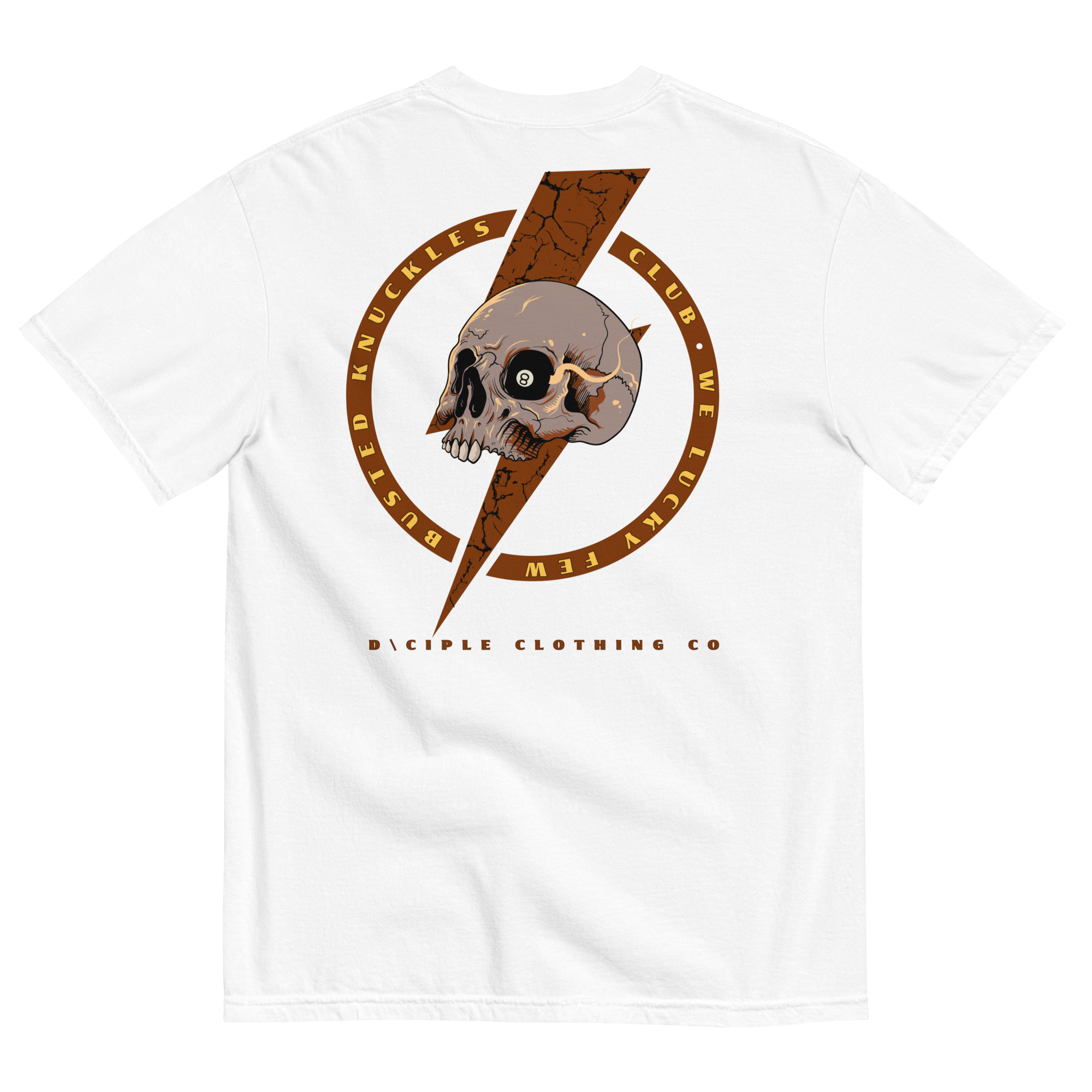 Busted Knuckles Club skull and lightning bolt graphic t-shirt by Dciple Clothing Co on white color shirt