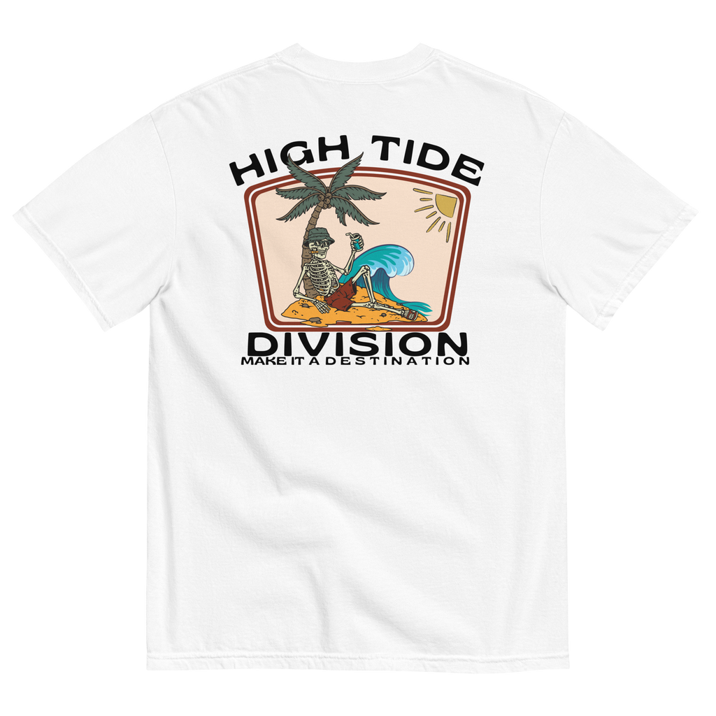 Back graphic of High Tide Division Make It A Destination T-Shirt featuring a skeleton relaxing beneath a palm tree beside an ocean wave.

Front chest logo of High Tide Division Make It A Destination T-Shirt featuring the Dciple C.C. fish emblem.