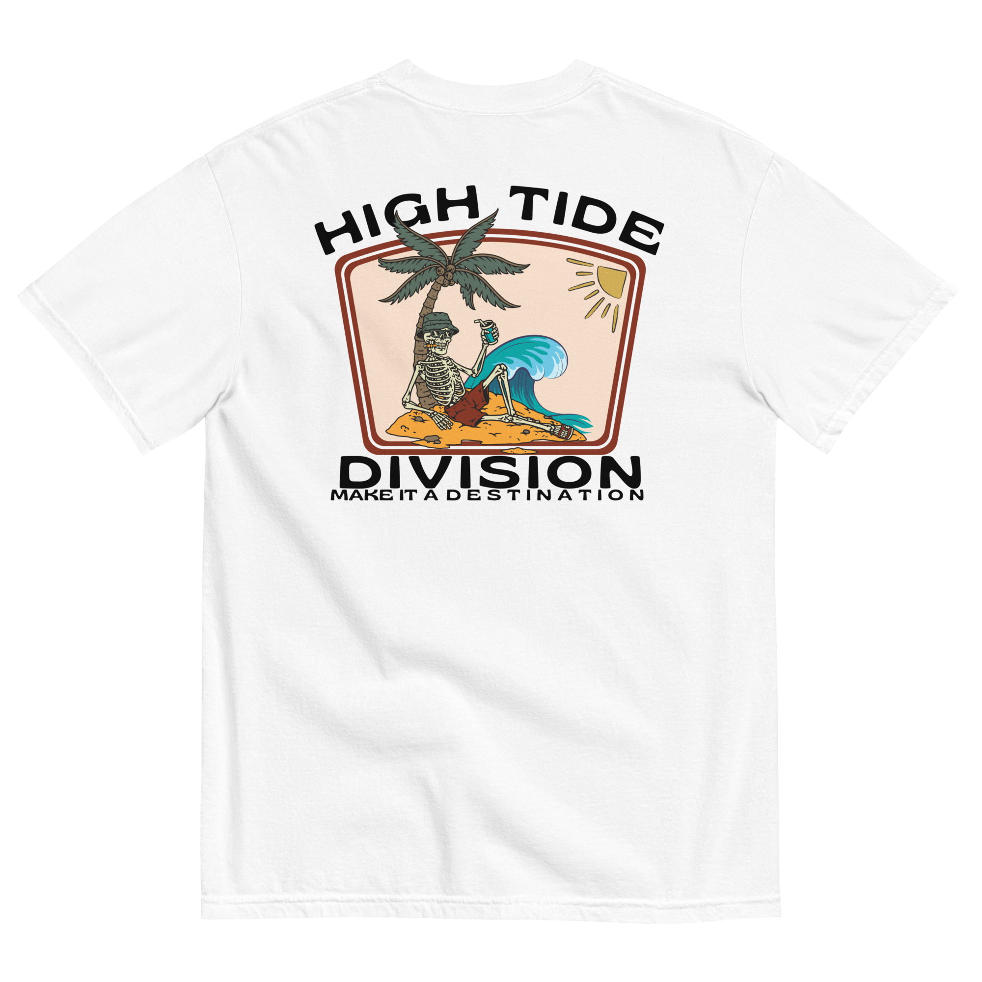 Back graphic of High Tide Division Make It A Destination T-Shirt featuring a skeleton relaxing beneath a palm tree beside an ocean wave.

Front chest logo of High Tide Division Make It A Destination T-Shirt featuring the Dciple C.C. fish emblem.