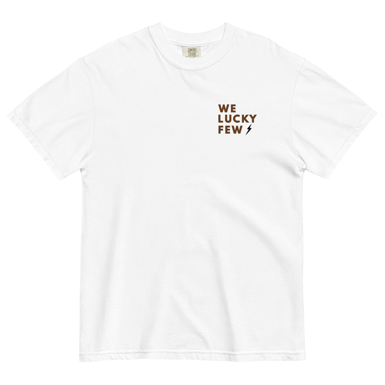 We lucky few text on left chest white shirt