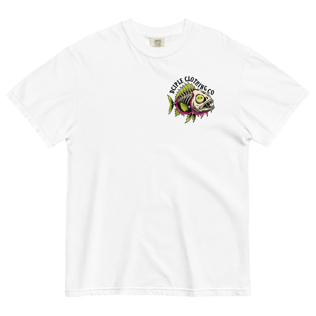 Dead In The Water High Tide Division graphic T-shirt by Dciple Clothing Co featuring skeleton fish artwork and Make It A Destination slogan.