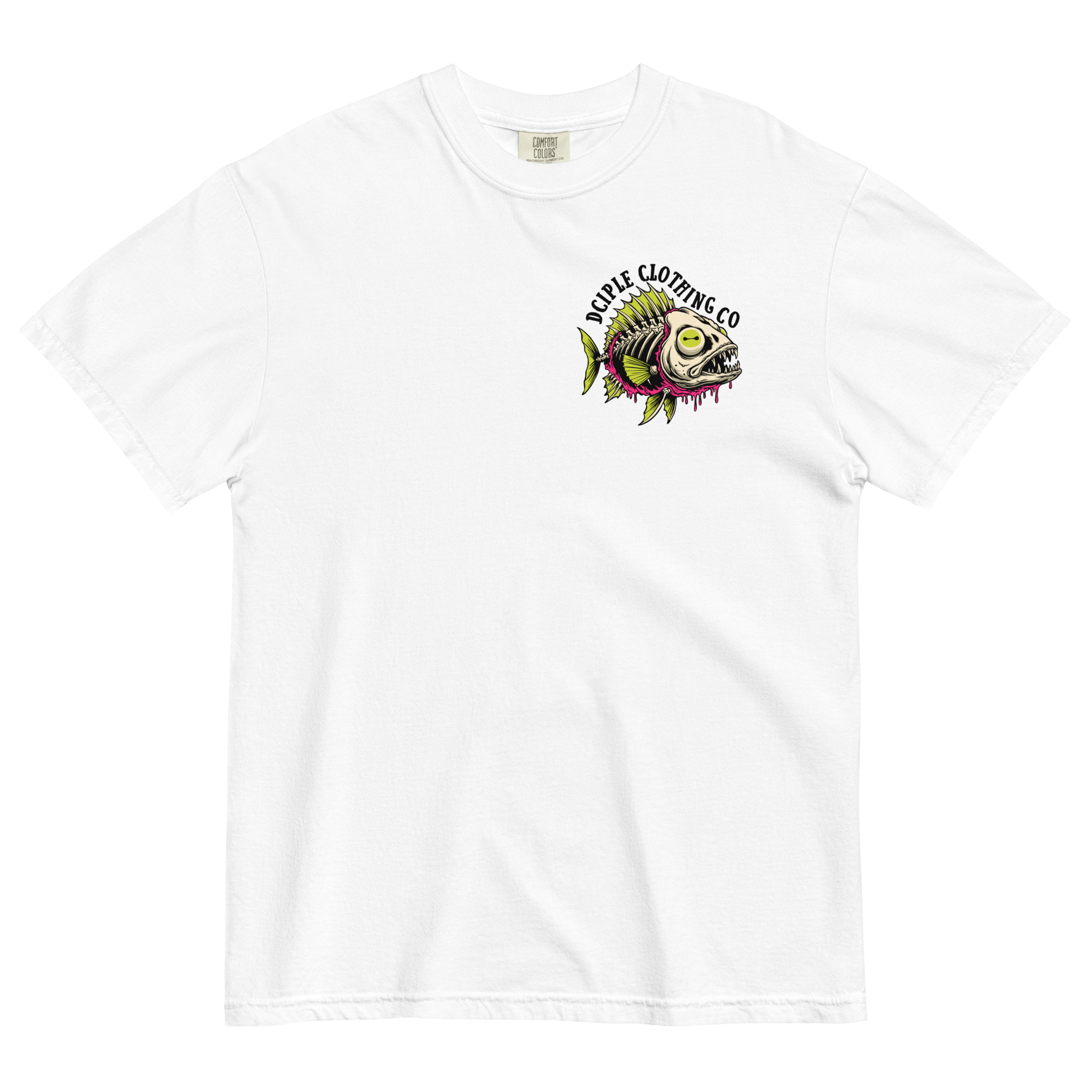 Dead In The Water High Tide Division graphic T-shirt by Dciple Clothing Co featuring skeleton fish artwork and Make It A Destination slogan.