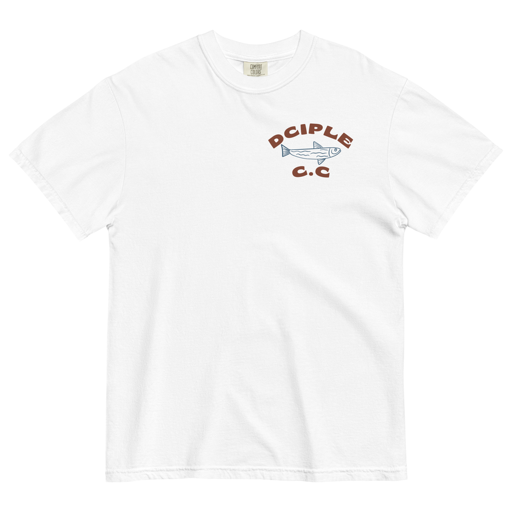 Back graphic of High Tide Division Make It A Destination T-Shirt featuring a skeleton relaxing beneath a palm tree beside an ocean wave.

Front chest logo of High Tide Division Make It A Destination T-Shirt featuring the Dciple C.C. fish emblem.