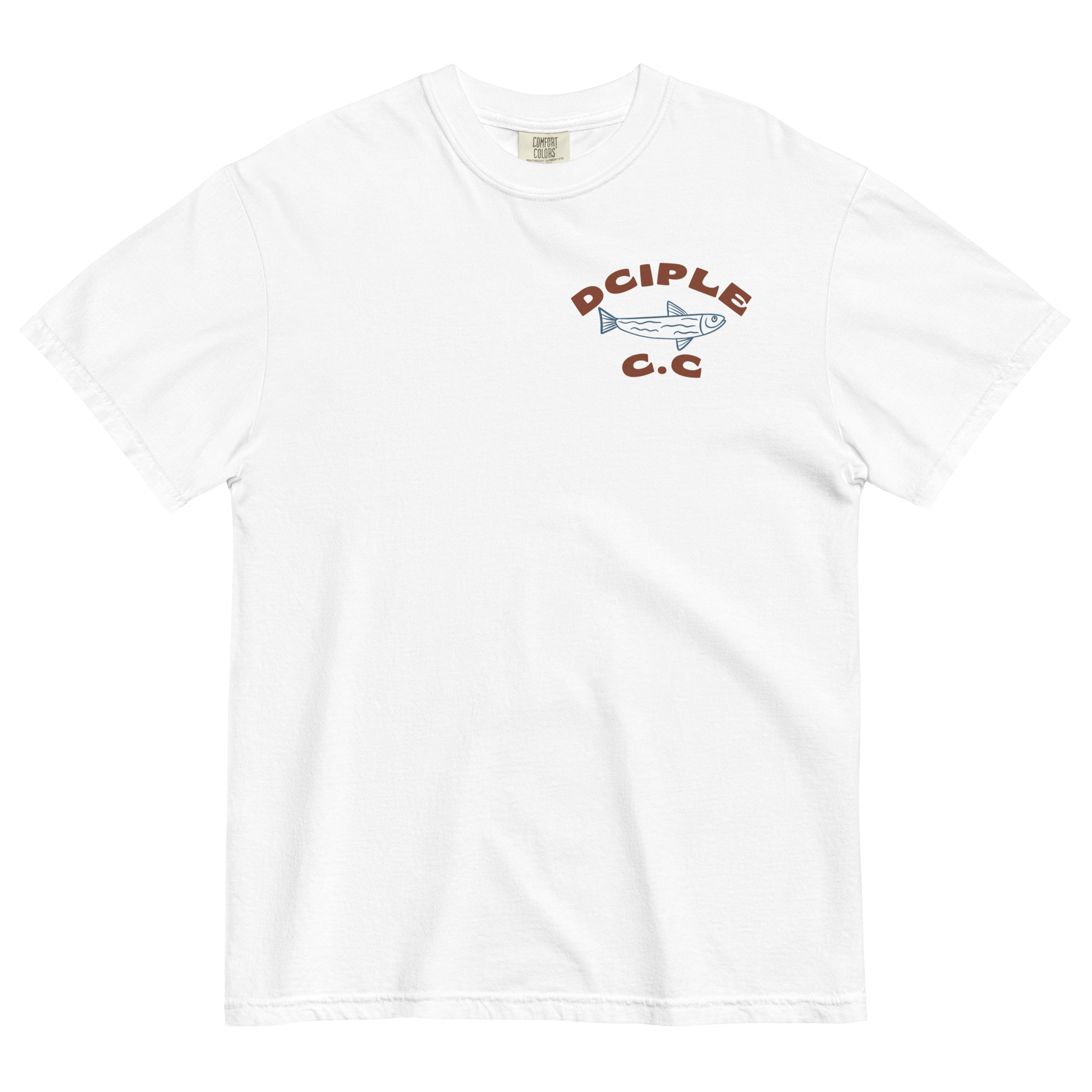 Back graphic of High Tide Division Make It A Destination T-Shirt featuring a skeleton relaxing beneath a palm tree beside an ocean wave.

Front chest logo of High Tide Division Make It A Destination T-Shirt featuring the Dciple C.C. fish emblem.