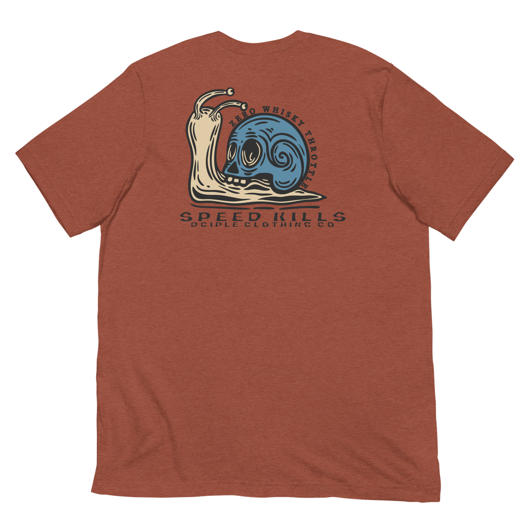 Speed Kills T-Shirt featuring blue skull snail artwork on the back by Dciple Clothing Co.