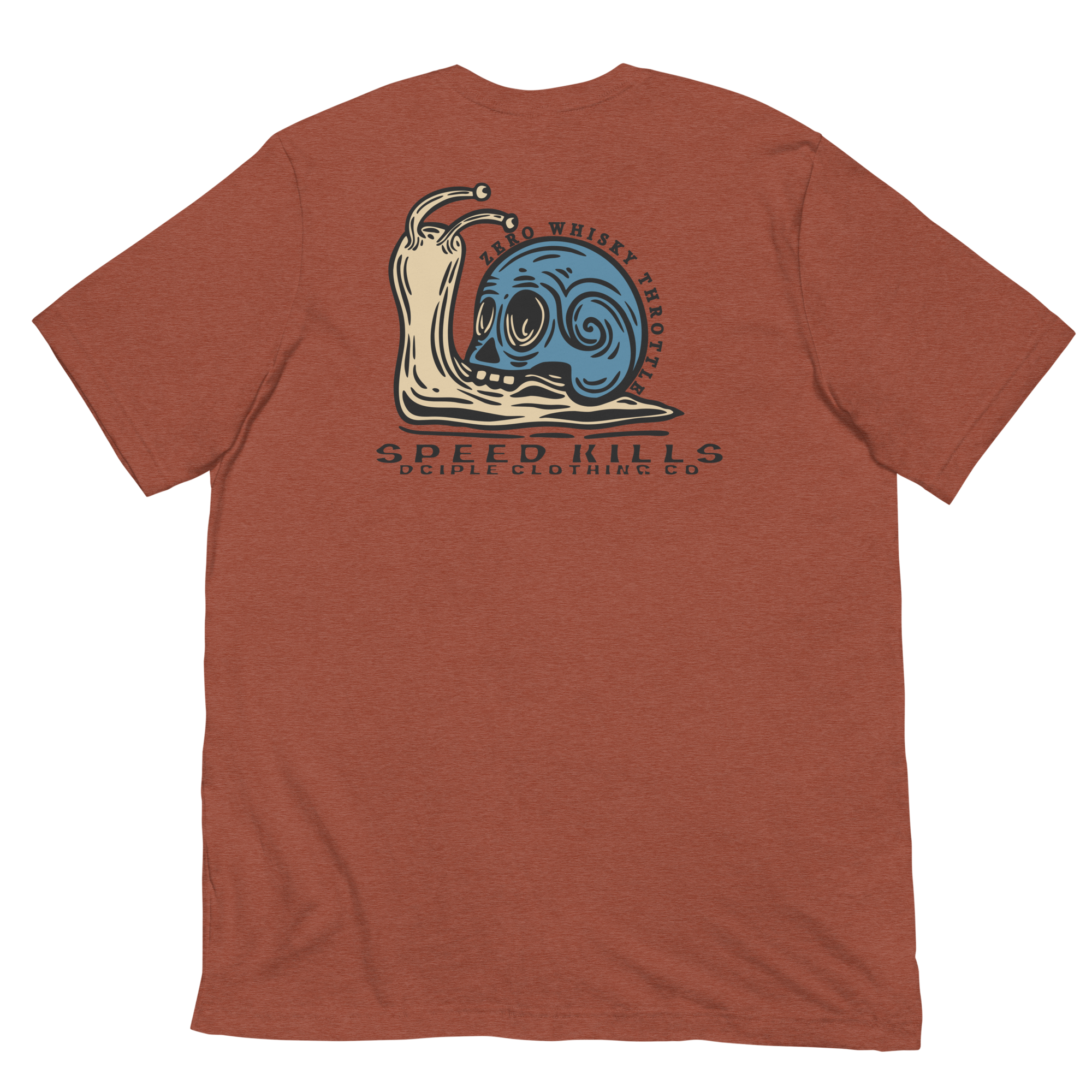 Speed Kills T-Shirt featuring blue skull snail artwork on the back by Dciple Clothing Co.
