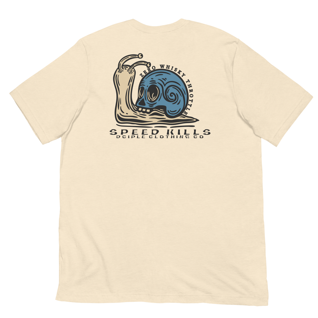 Speed Kills T-Shirt featuring blue skull snail artwork on the back by Dciple Clothing Co.