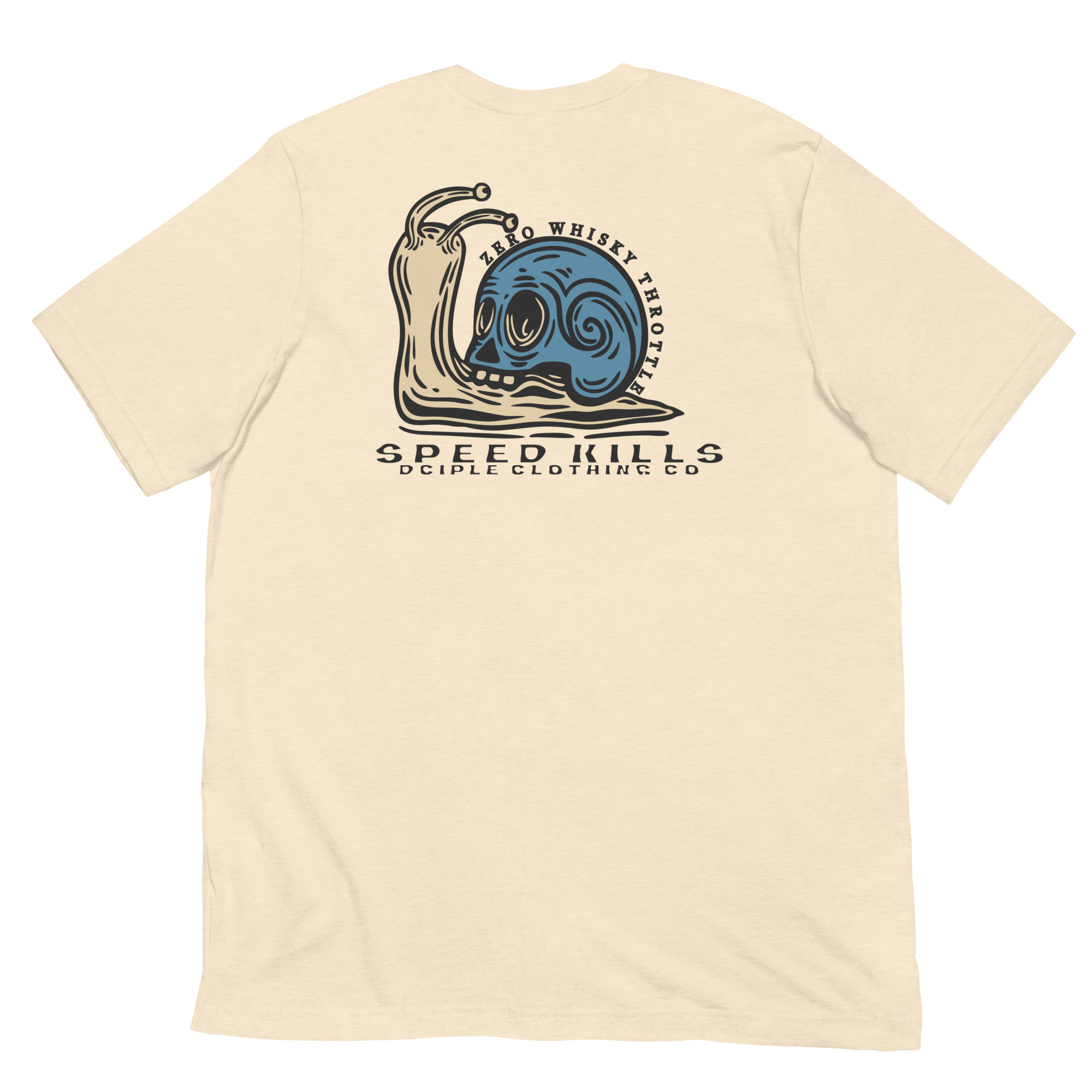 Speed Kills T-Shirt featuring blue skull snail artwork on the back by Dciple Clothing Co.