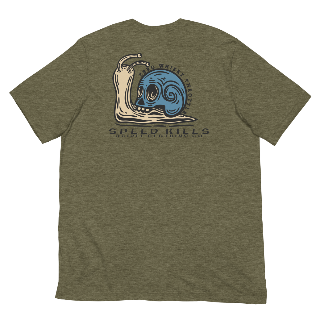 Speed Kills T-Shirt featuring blue skull snail artwork on the back by Dciple Clothing Co.